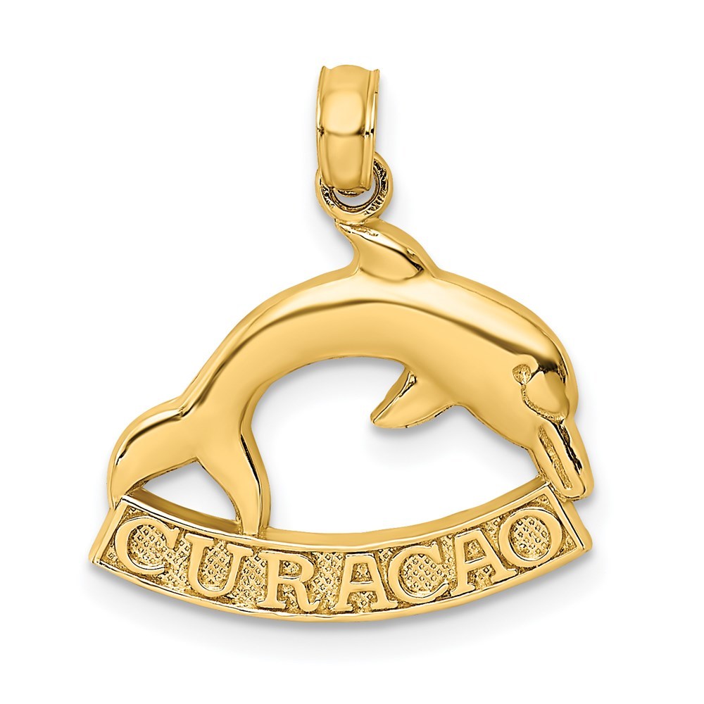 14k Yellow Gold Travel 2-D CURACAO Under Small Dolphin Necklace Charm Pendant